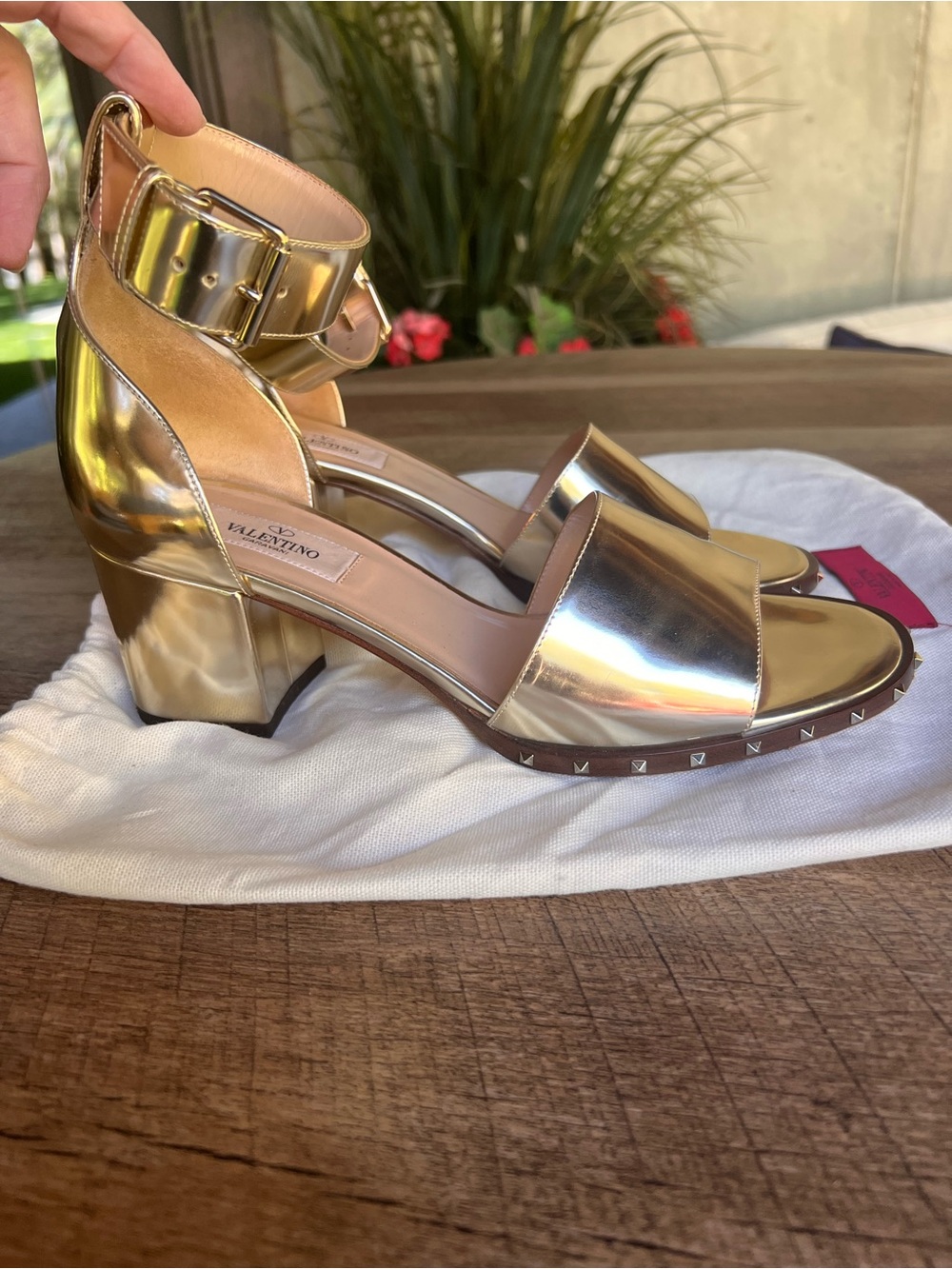 Valentino Garavani Rockstud Gold Metallic Ankle-Strap Block Heels